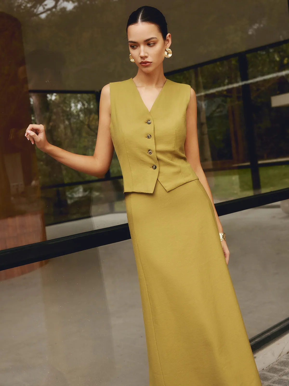 Effortlessly Linen Chic Solid Tailored Maxi Skirt sold by COMMENSE product image thumbnail 3