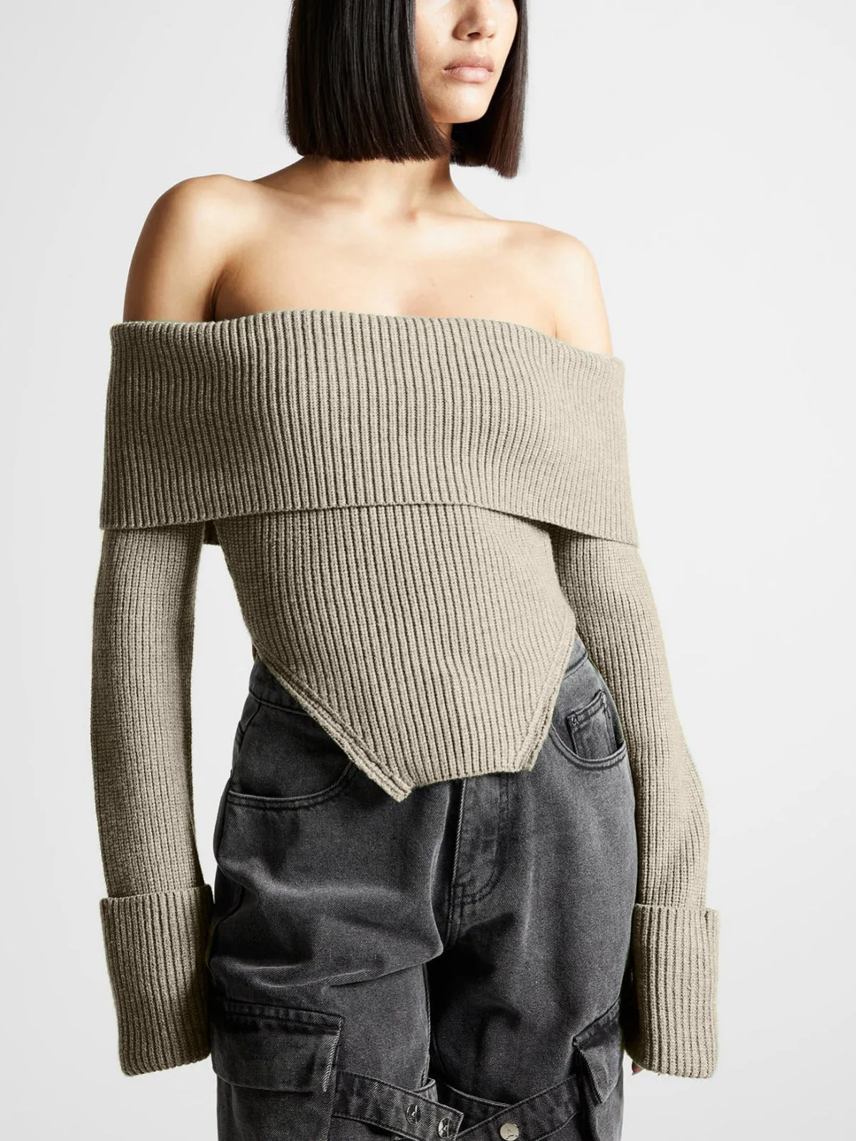 Off Shoulder Overfold Ribbed Knit Sweater sold by COMMENSE