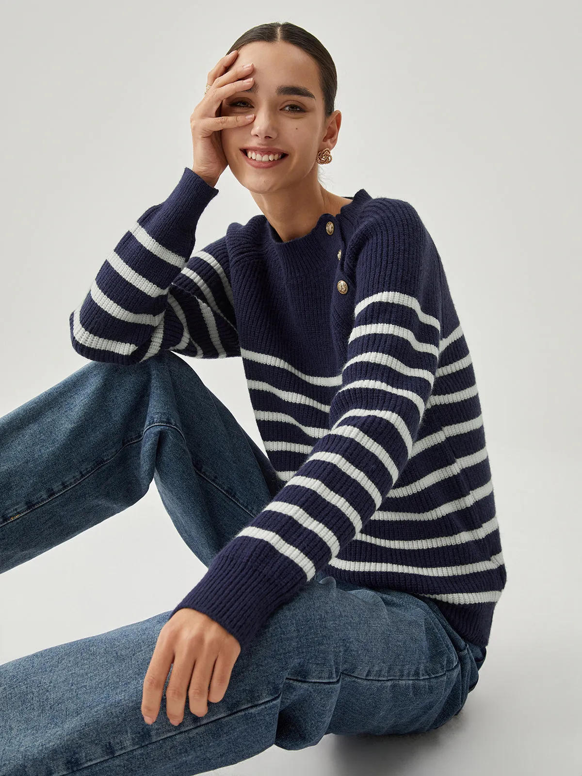 Striped Button Detail Ribbed Knit Sweater sold by COMMENSE product image thumbnail 3
