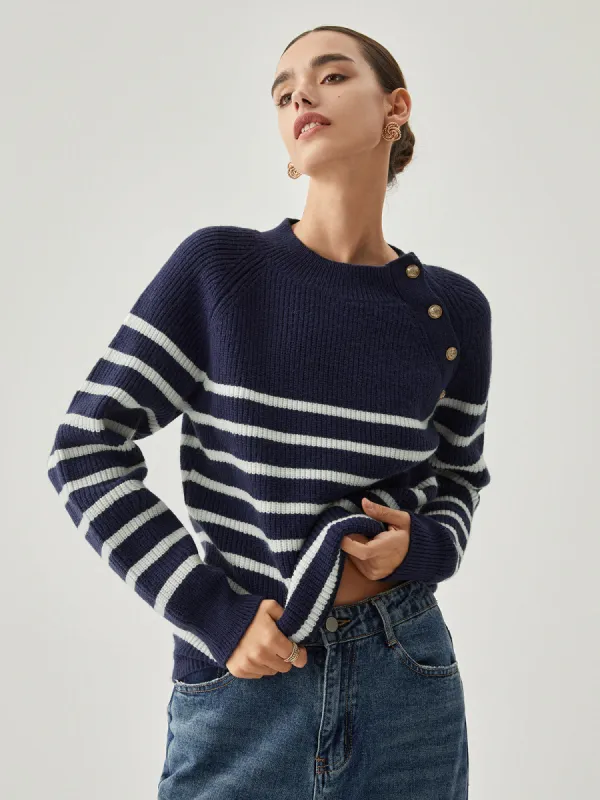 Striped Button Detail Ribbed Knit Sweater sold by COMMENSE