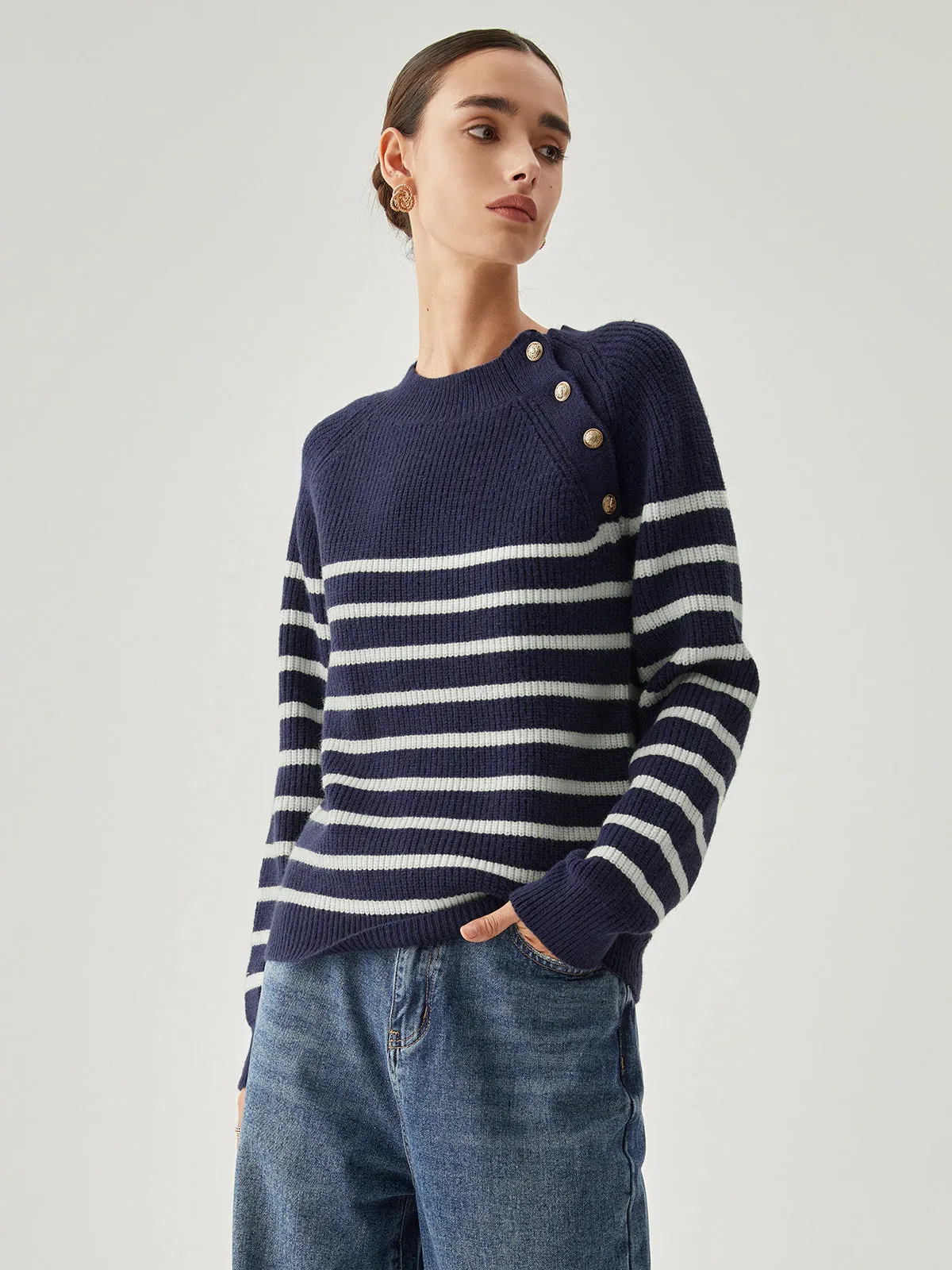 Striped Button Detail Ribbed Knit Sweater sold by COMMENSE product image thumbnail 5