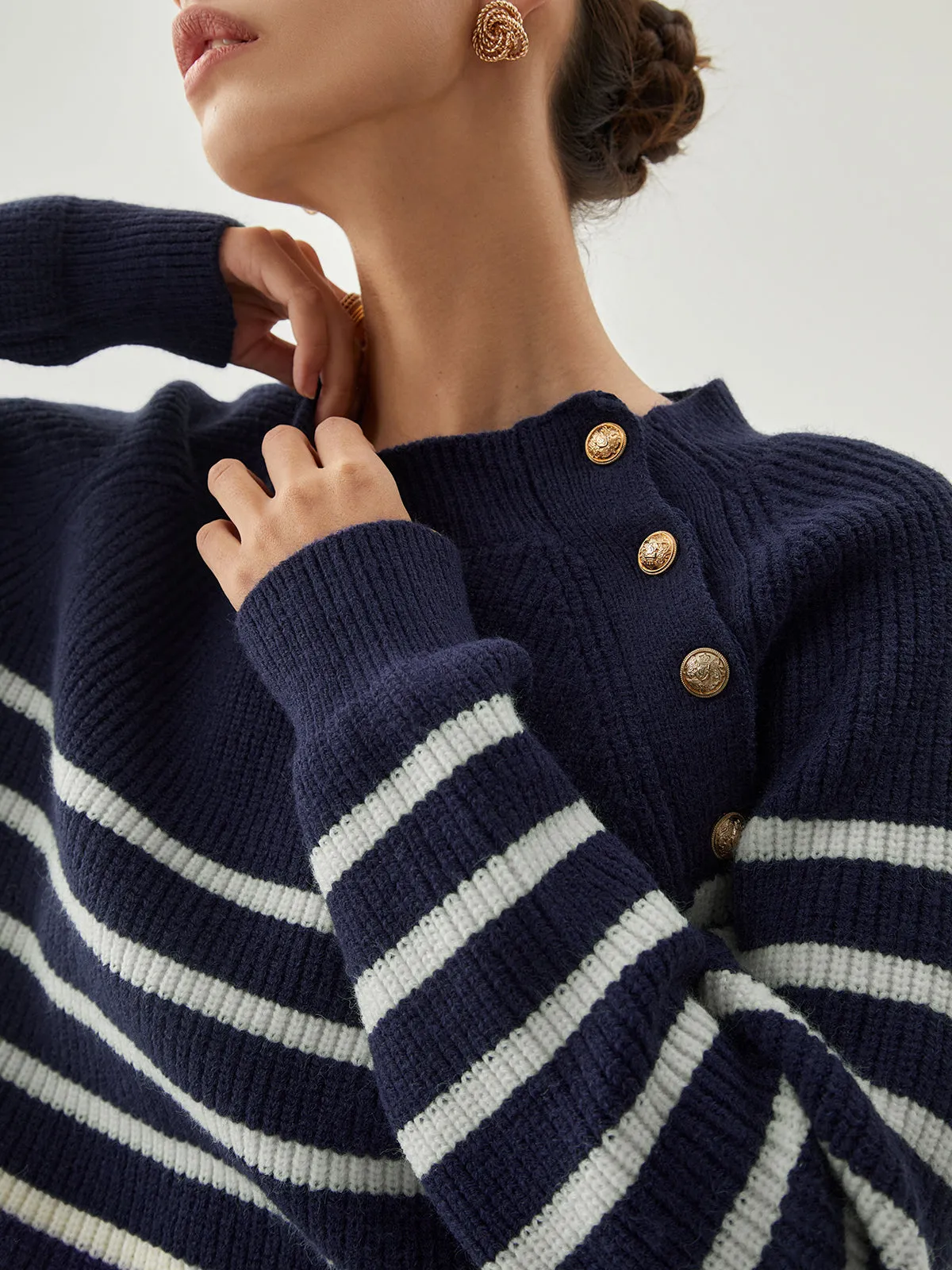 Striped Button Detail Ribbed Knit Sweater sold by COMMENSE product image thumbnail 2