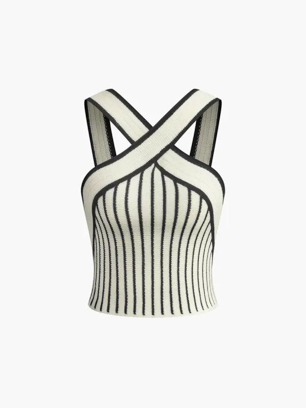 Stripe Cross Strap Knit Tank Top sold by COMMENSE