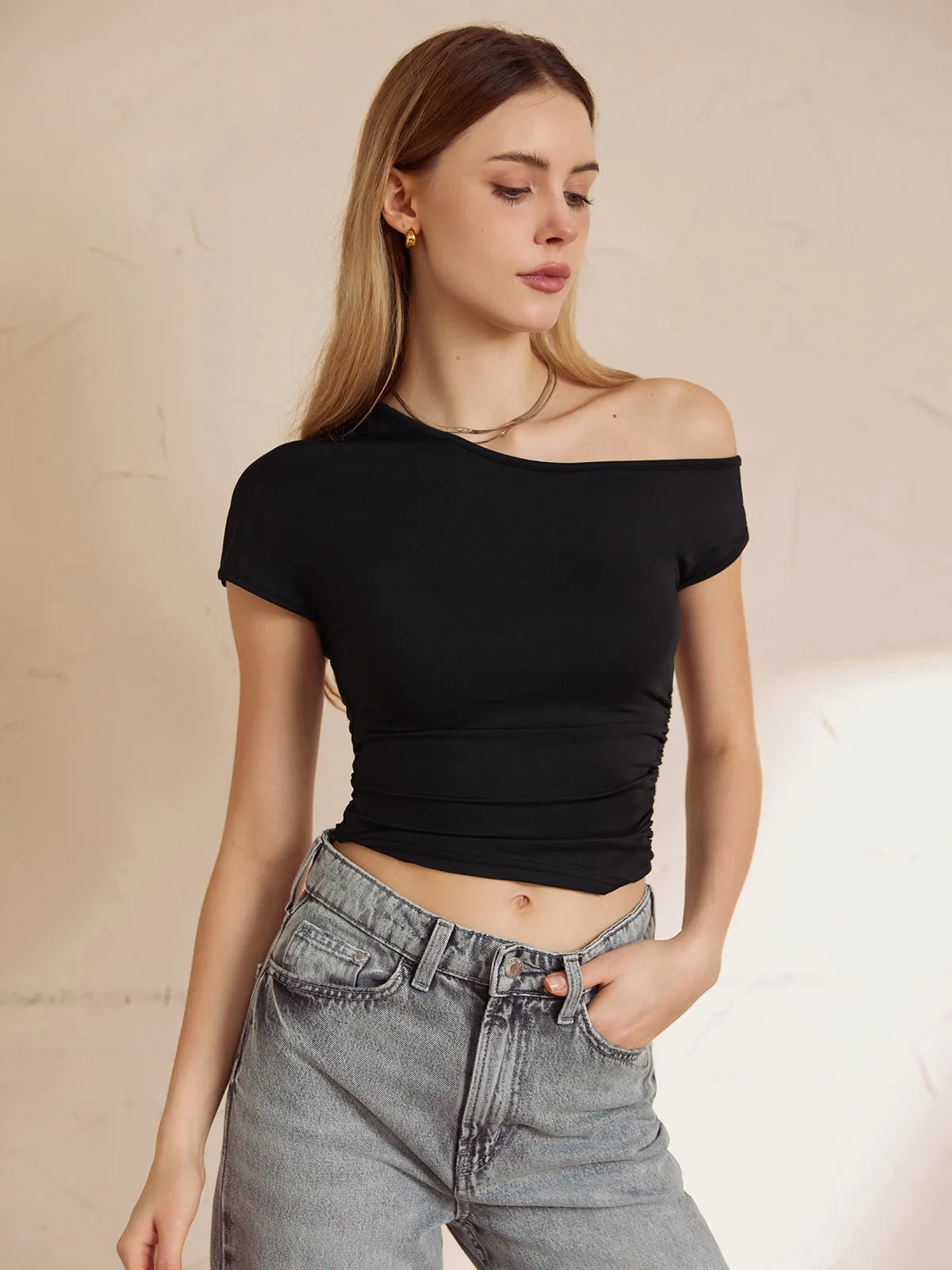 Asymmetrical Neck Crop Top sold by COMMENSE product image thumbnail 2