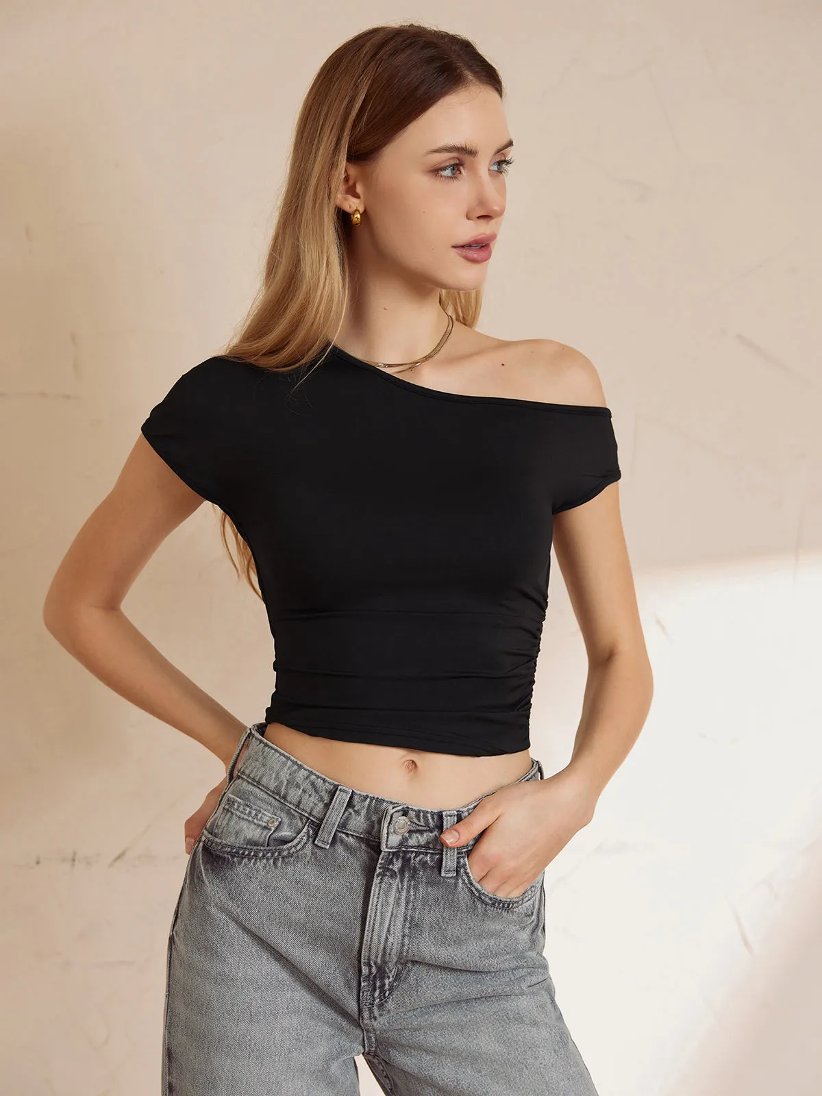 Asymmetrical Neck Crop Top sold by COMMENSE product image thumbnail 3