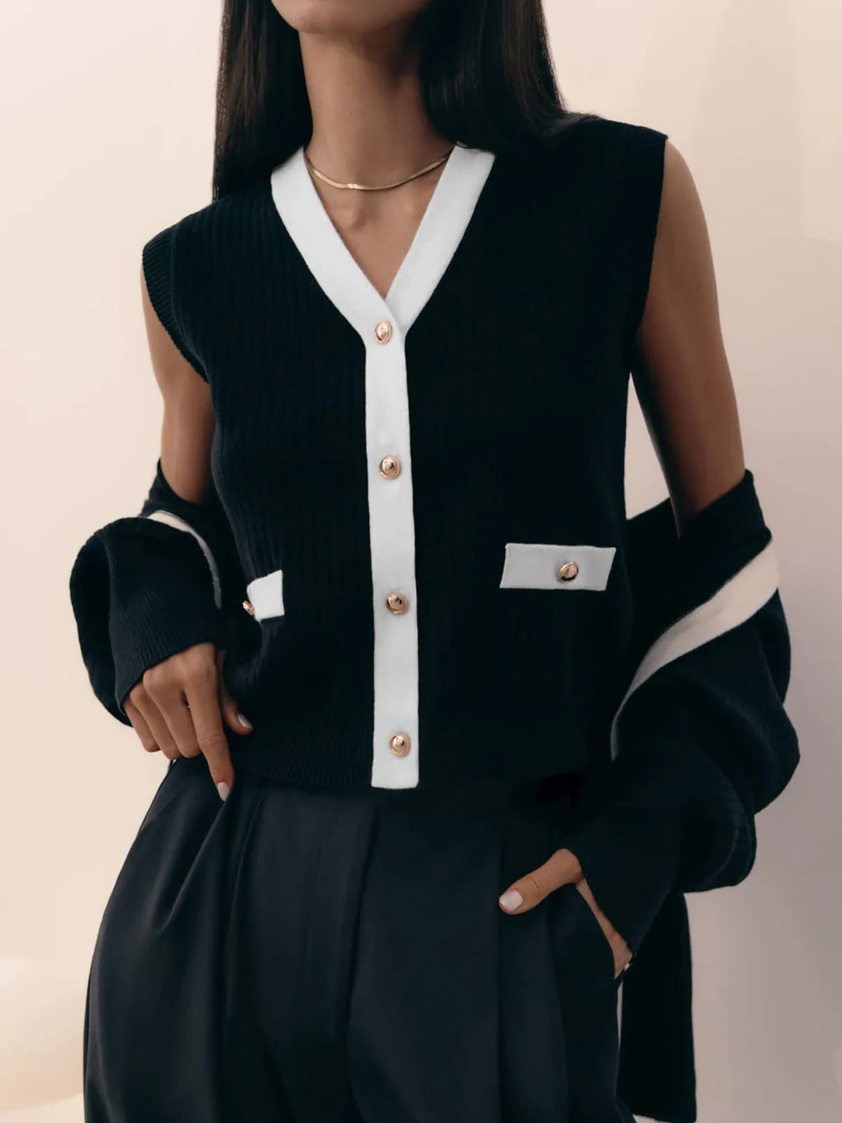 V-Neck Solid Button Knitted Vest sold by COMMENSE product image thumbnail 3