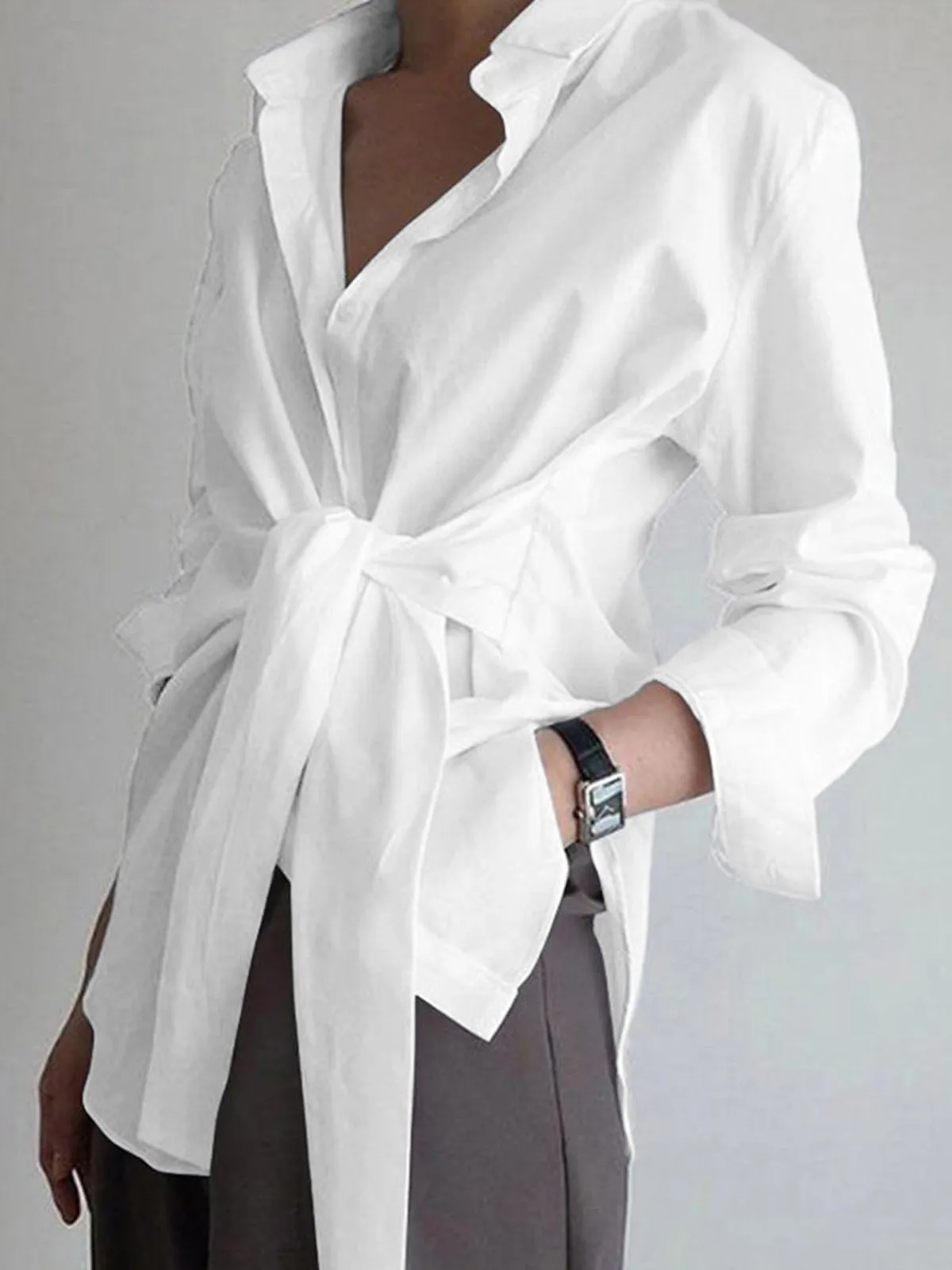 Semi-Sheer Button Down Tied Long Shirt sold by COMMENSE