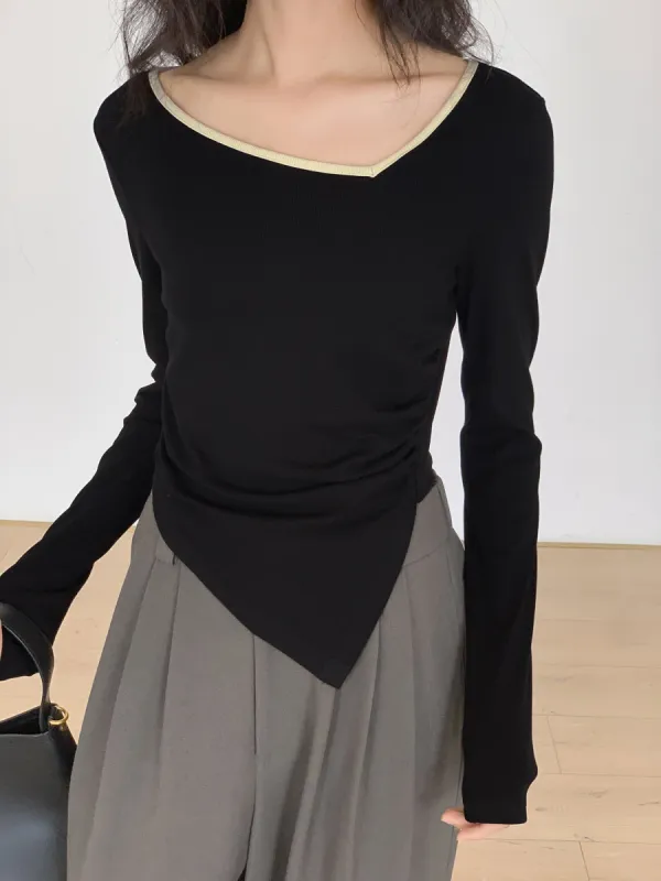 Contrast Trim Long Sleeve Asymmetrical Top sold by COMMENSE