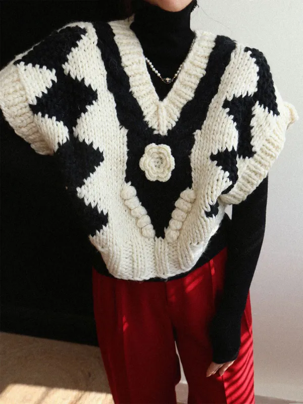 Wool-blend Two Tone Crocheted Floral Sweater Vest sold by COMMENSE