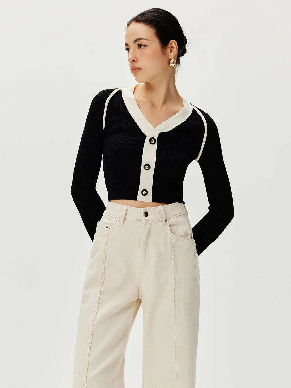 Contrast Trim Breasted Sweater sold by COMMENSE