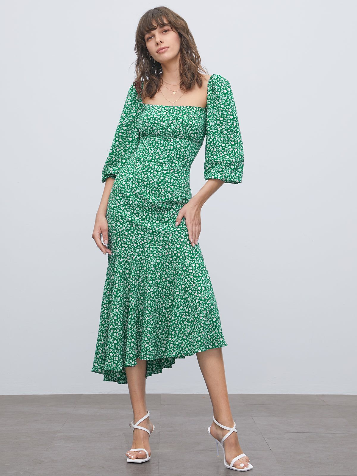 Square Neck Short Puff Sleeve Floral Dress sold by COMMENSE product image thumbnail 2