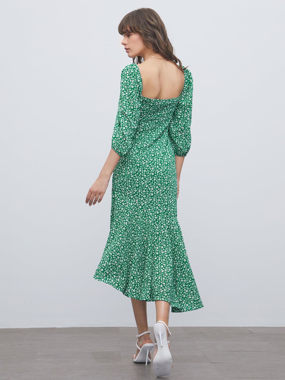 Square Neck Short Puff Sleeve Floral Dress sold by COMMENSE product image thumbnail 6