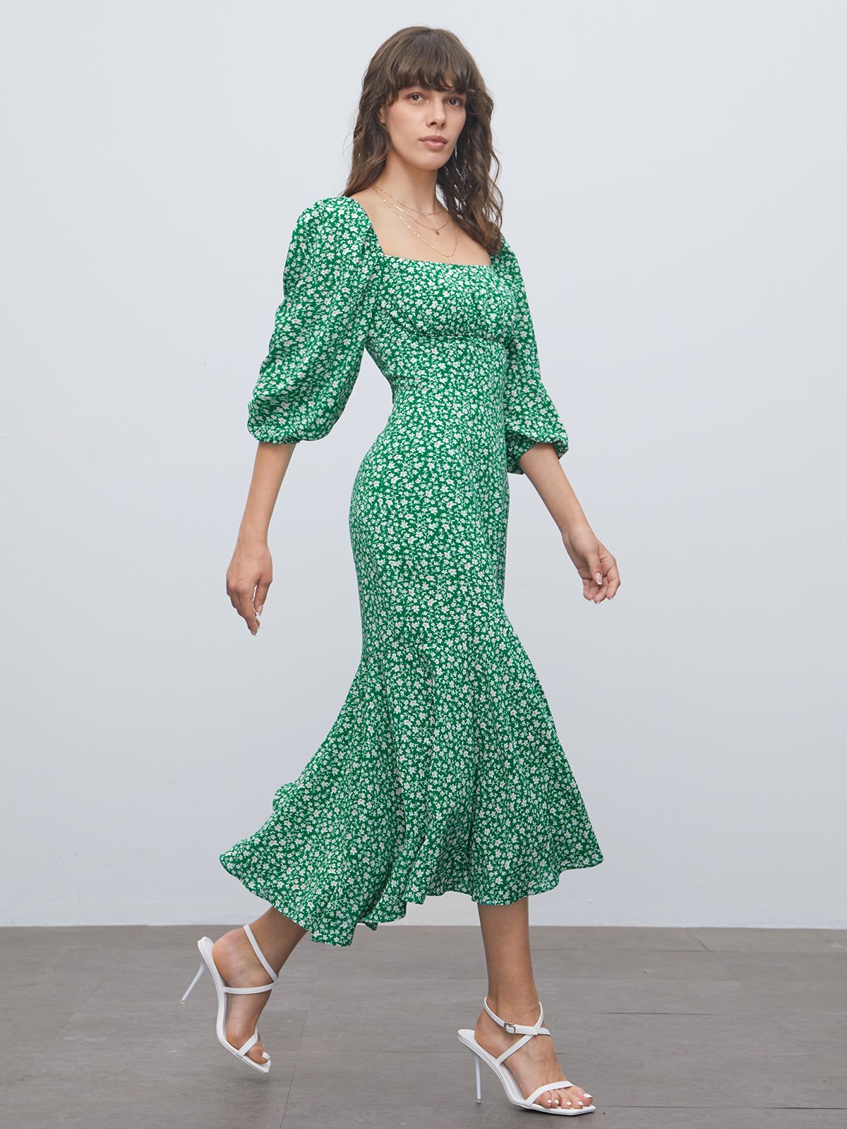 Square Neck Short Puff Sleeve Floral Dress sold by COMMENSE product image thumbnail 4