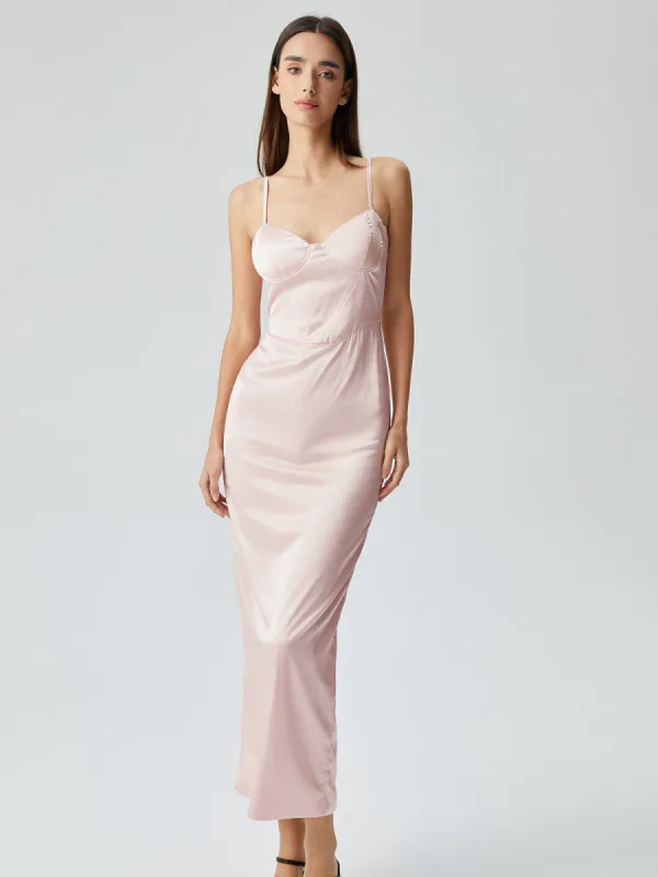 Satin Cup Detail Slit Long Dress sold by COMMENSE