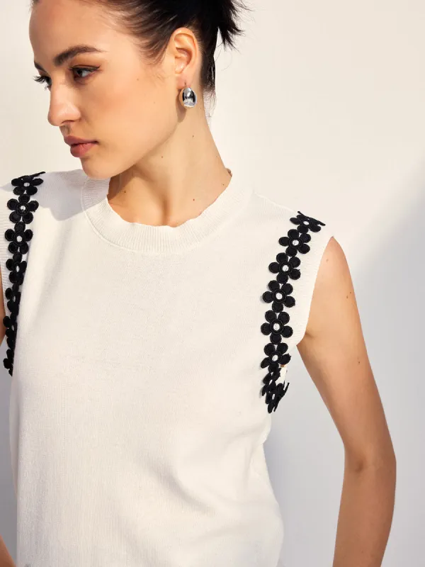 Contrast Binding Embroidery Sweater Vest sold by COMMENSE