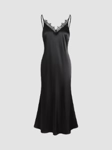 V-Neck Lace Trim Satin FLowy Strap Midi Dress sold by COMMENSE