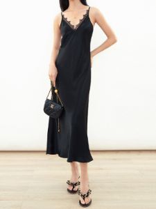 V-Neck Lace Trim Satin FLowy Strap Midi Dress sold by COMMENSE