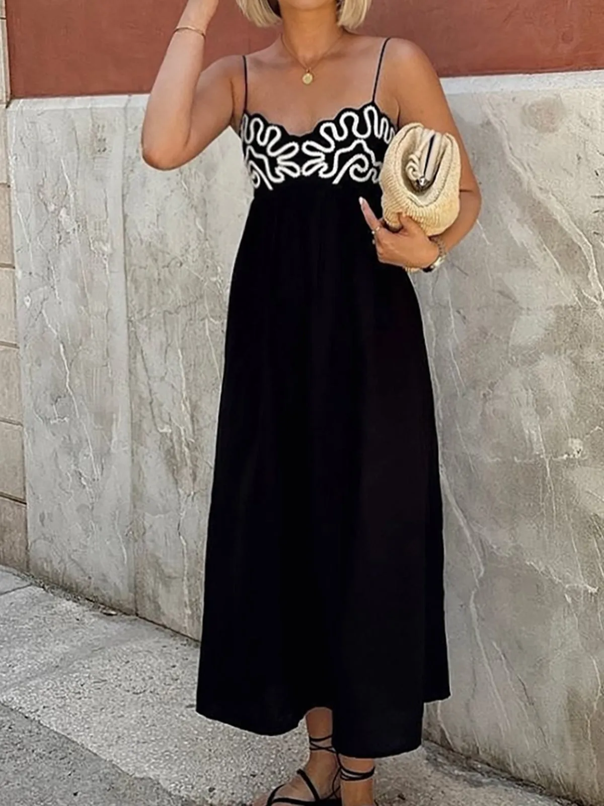 【Karen Millen】ウール混 コージーニット ベルトドレス Embroidered Shirred Spaghetti Strap Long Dress | Parallel