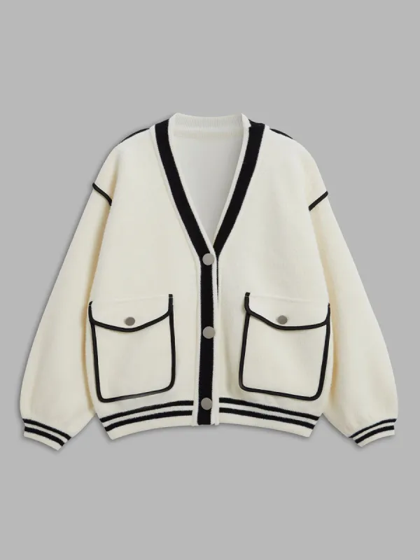 Contrast Trim Double Pockets Cardigan sold by COMMENSE