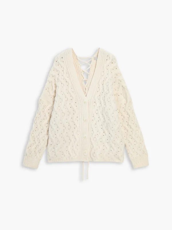 Tie Back Eyelet Wave Knit Cardigan sold by COMMENSE