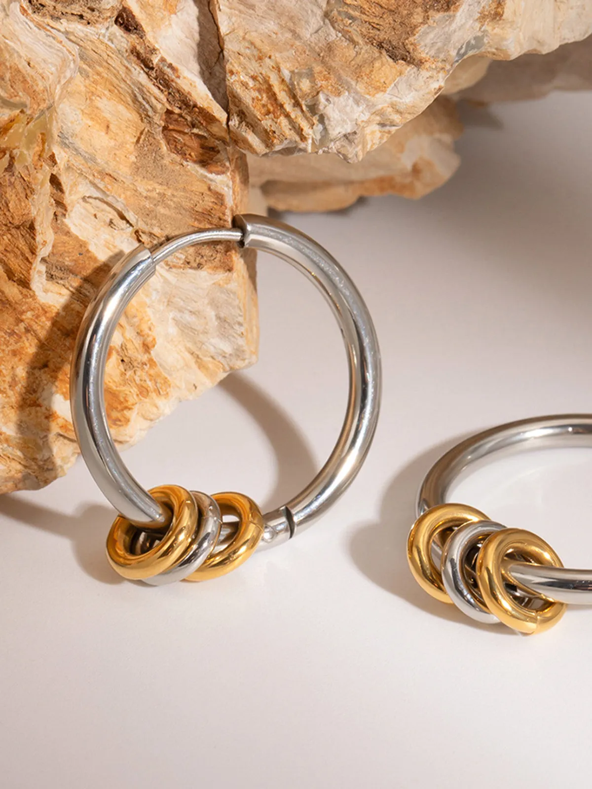 Tow Tone Beading Silver Hoop Earrings sold by COMMENSE product image thumbnail 3
