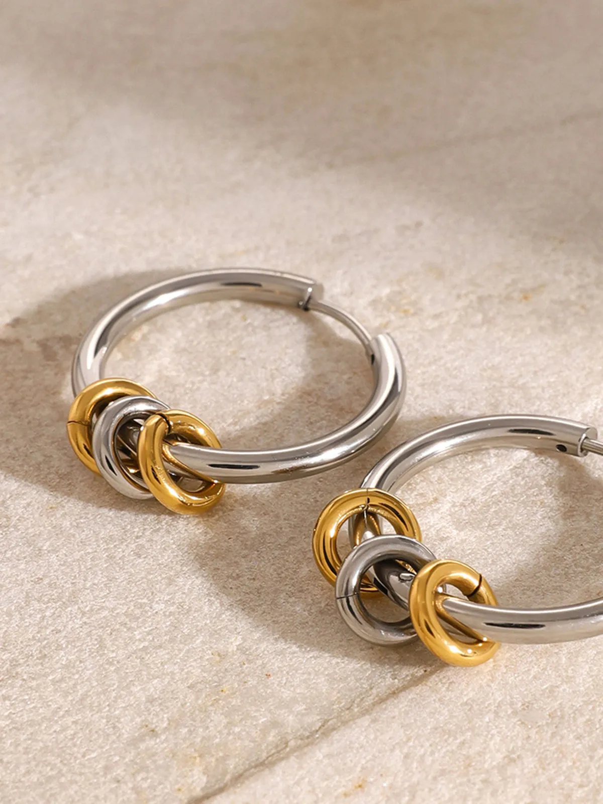 Tow Tone Beading Silver Hoop Earrings sold by COMMENSE product image thumbnail 4