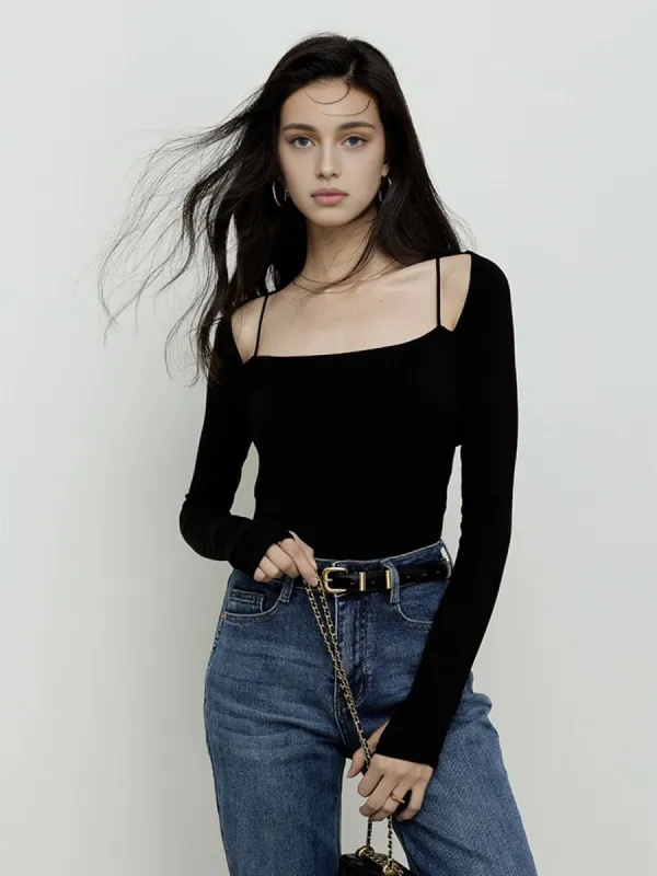 Slinky Cut Out Square Neck Long Sleeve Top sold by COMMENSE