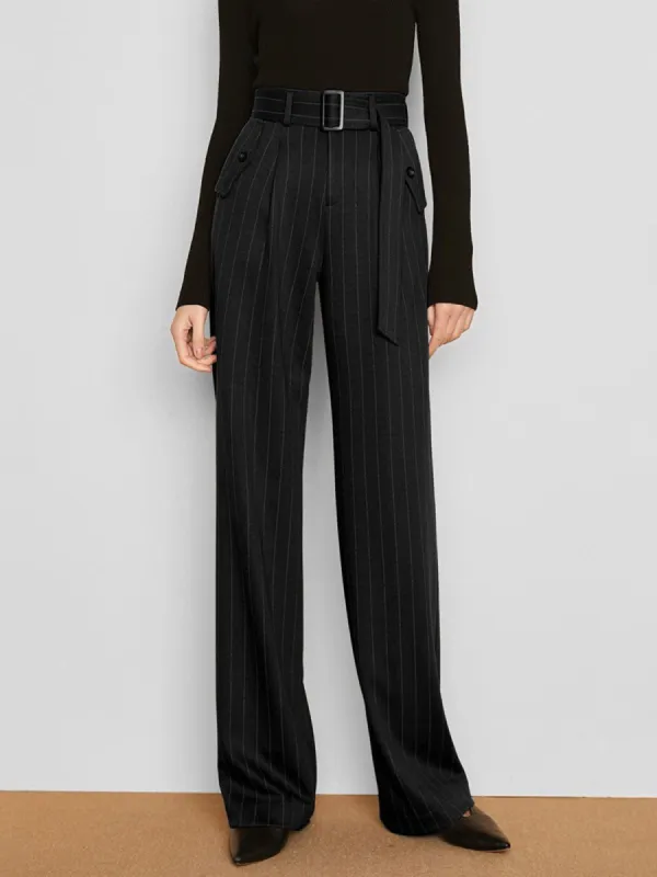 Belted Striped Straight Leg Pocket Pants sold by COMMENSE