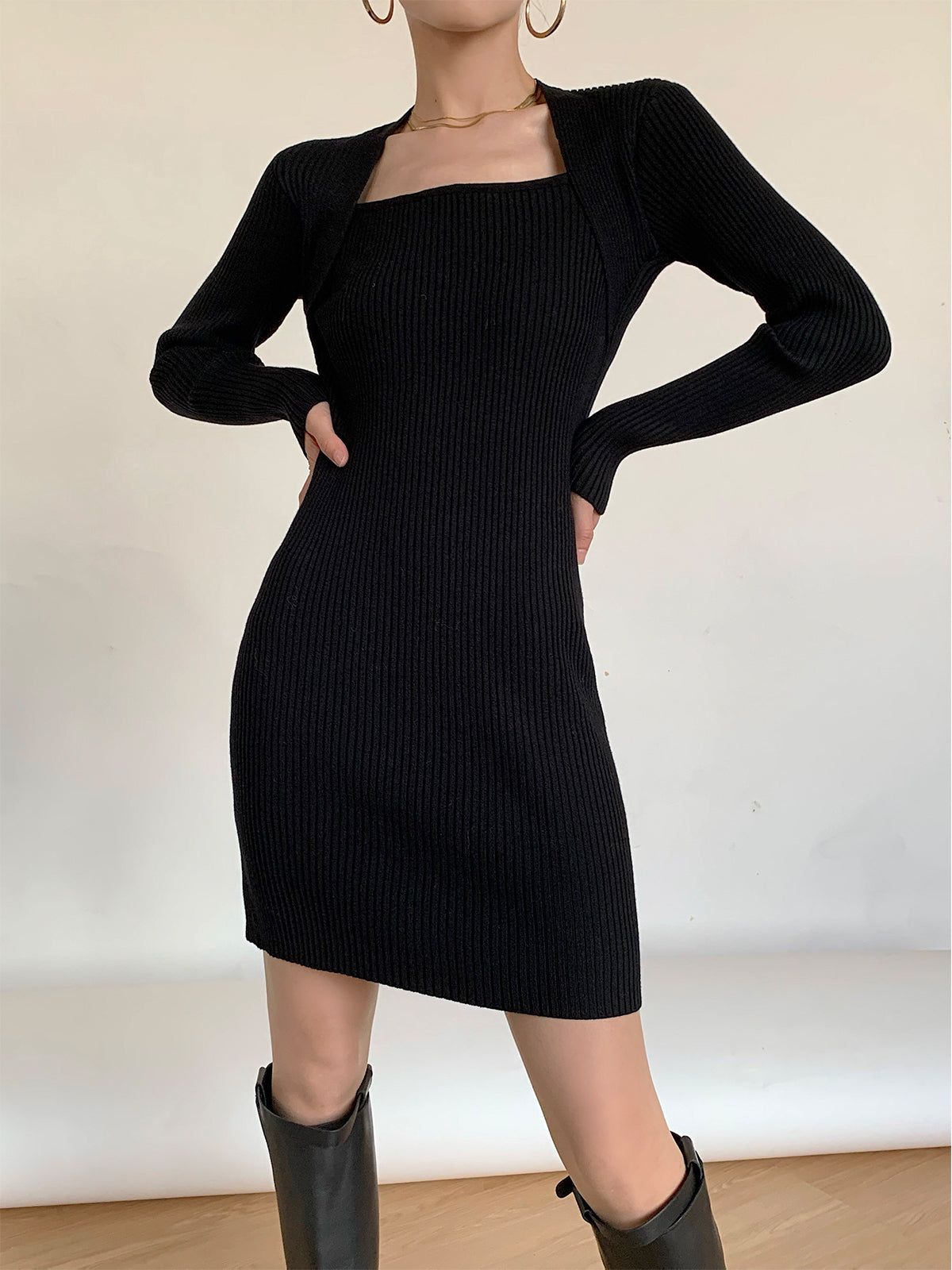 Square Neck Ribbed Sweater Dress sold by COMMENSE product image thumbnail 3