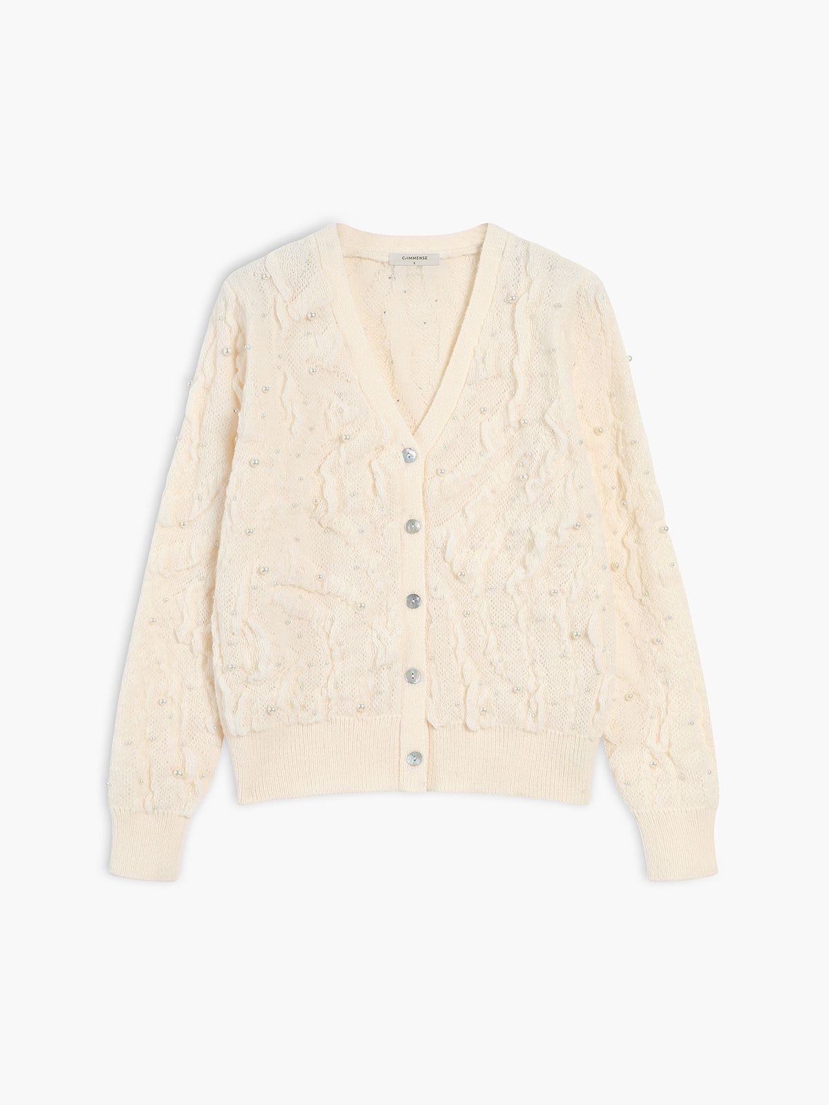 Textured with Pearl Decor Long Sleeve Cardigan sold by COMMENSE