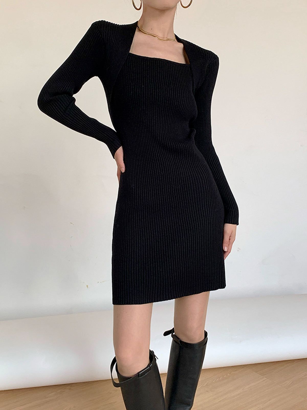 Square Neck Ribbed Sweater Dress sold by COMMENSE product image thumbnail 4
