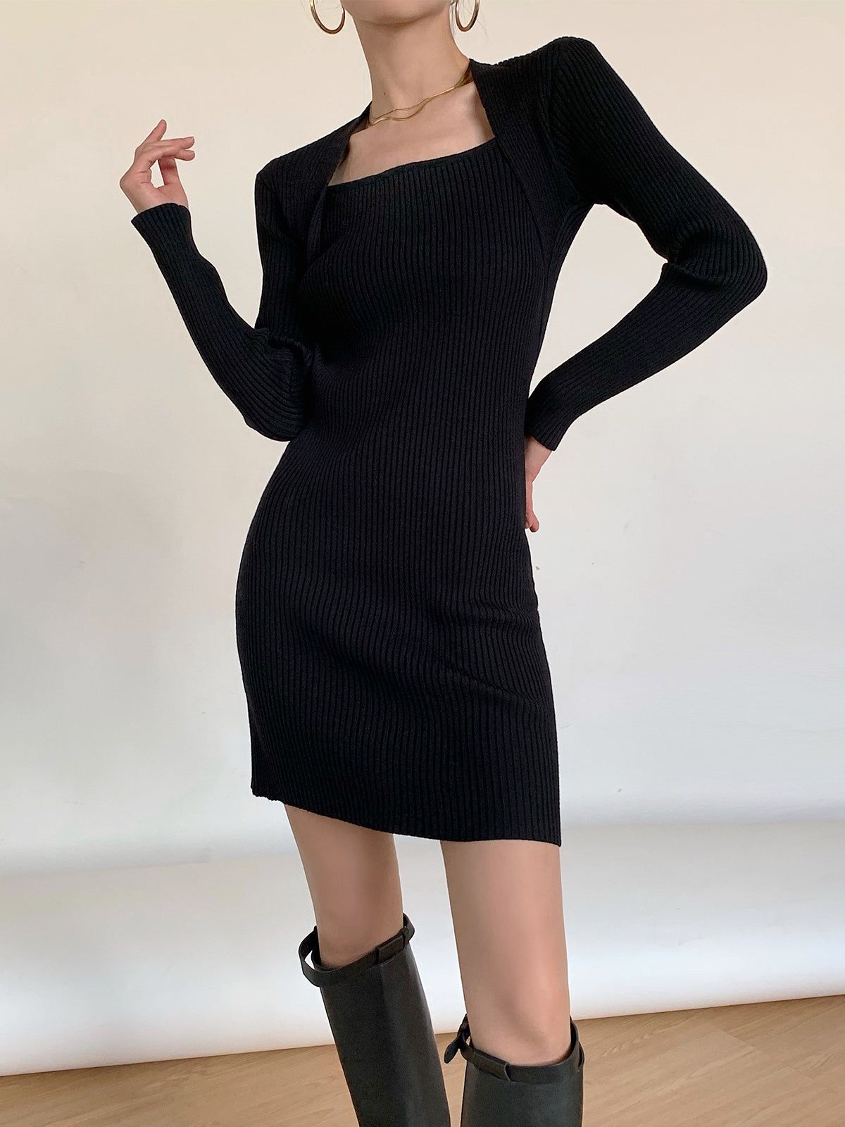 Square Neck Ribbed Sweater Dress sold by COMMENSE product image thumbnail 2