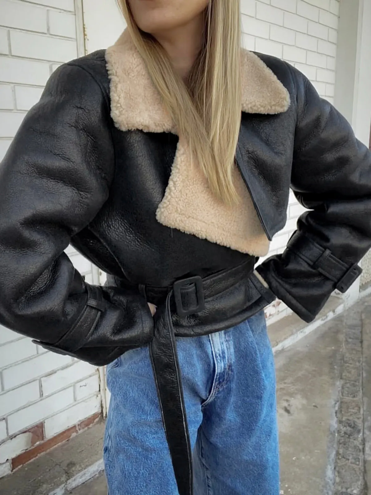 Too Blessed Sherpa Lined Shearling Leather Flight Jacket sold by COMMENSE product image thumbnail 4