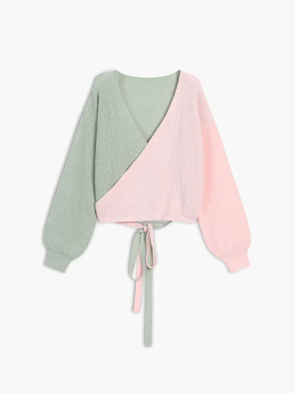 Two Tone Back Tie Wrap Cardigan sold by COMMENSE