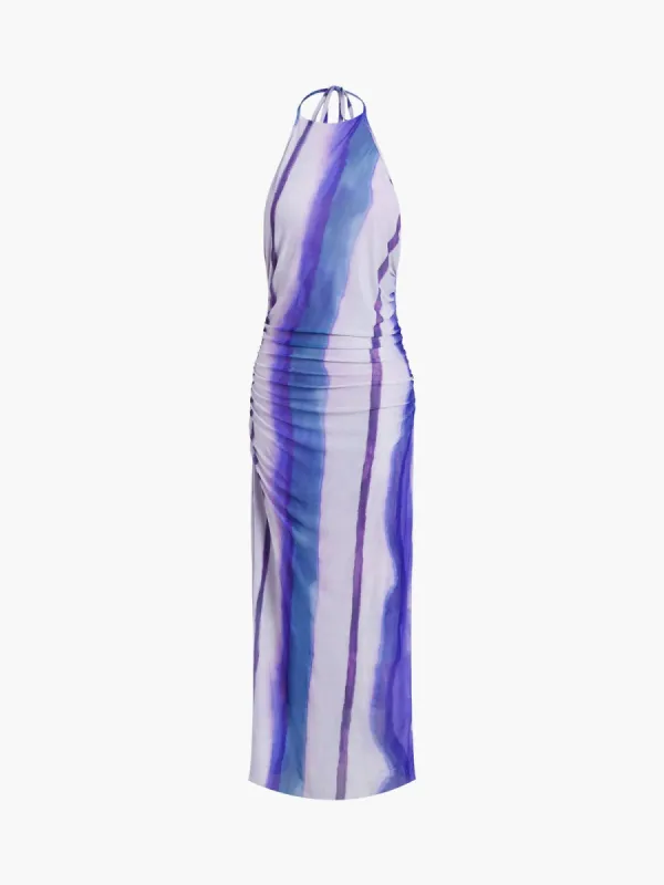 Tie Dye Mesh Halter Open Back Long Dress sold by COMMENSE