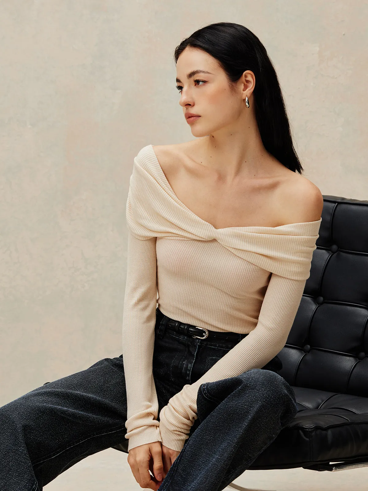 Off Shoulder Pleated Knit Top sold by COMMENSE product image thumbnail 5