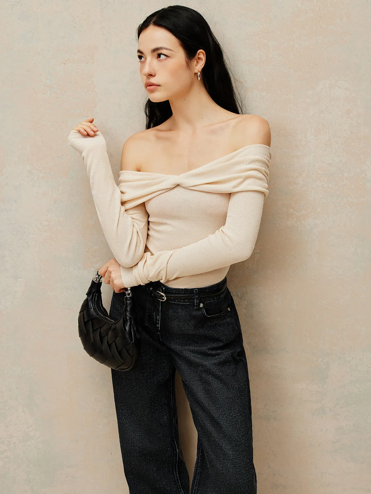 Off Shoulder Pleated Knit Top sold by COMMENSE product image thumbnail 3