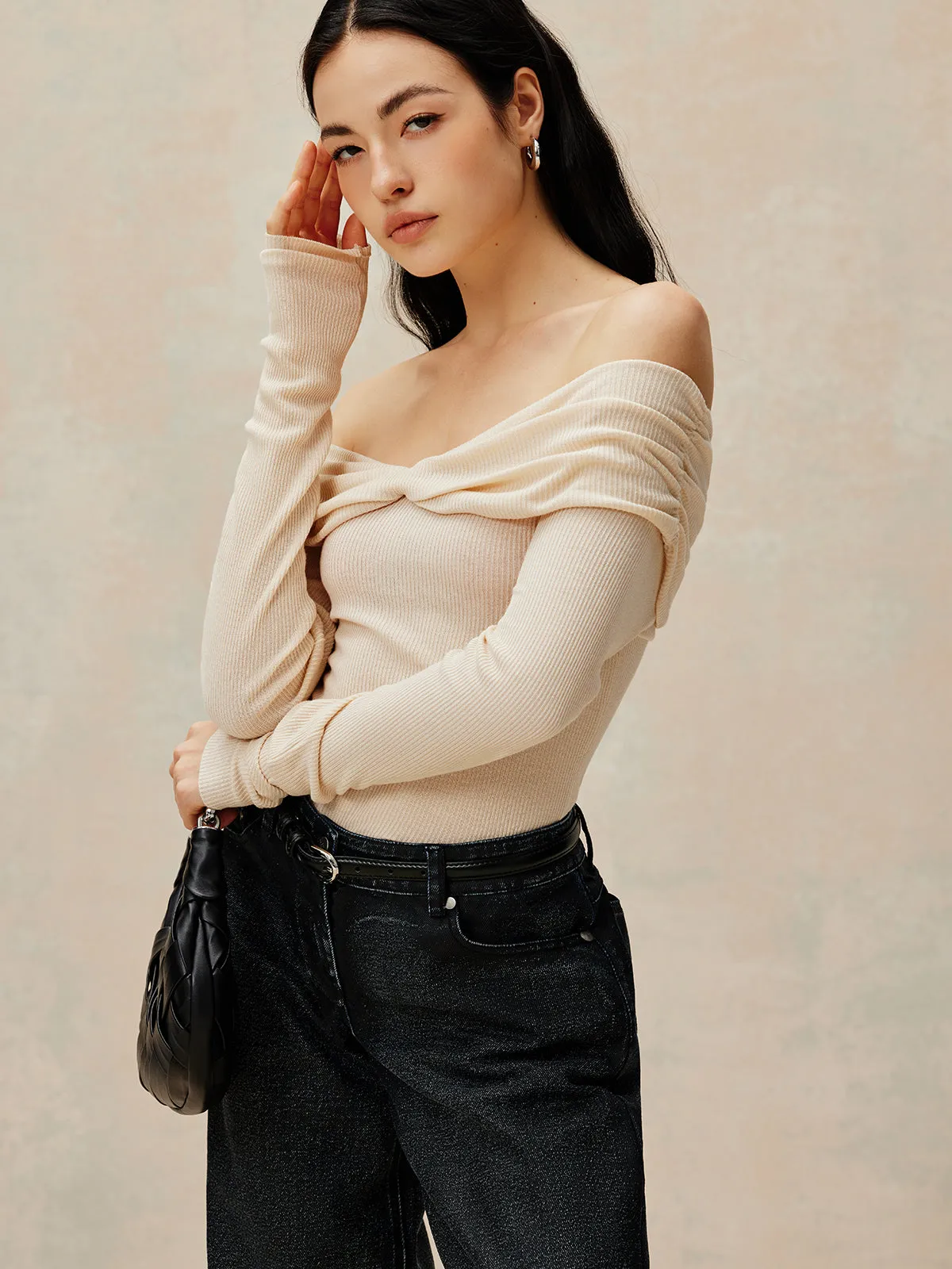 Off Shoulder Pleated Knit Top sold by COMMENSE product image thumbnail 4