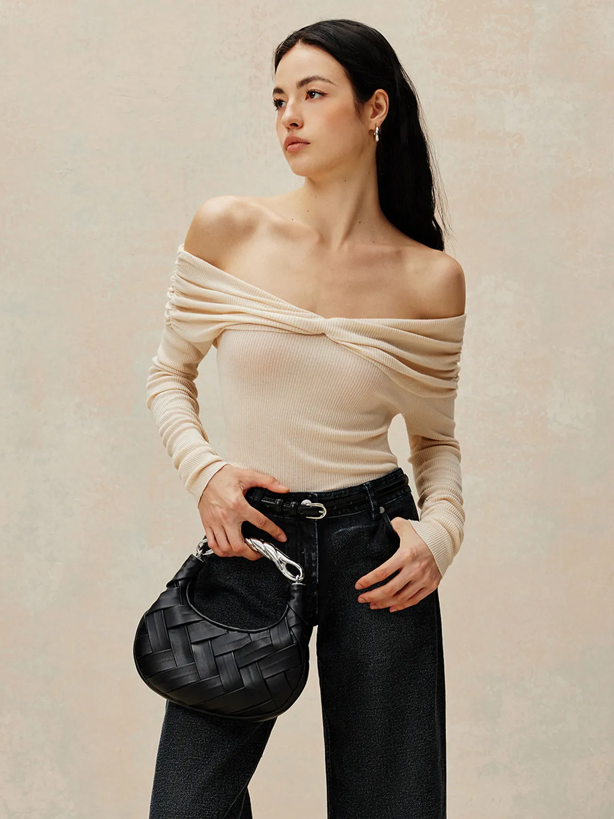 Off Shoulder Pleated Knit Top sold by COMMENSE