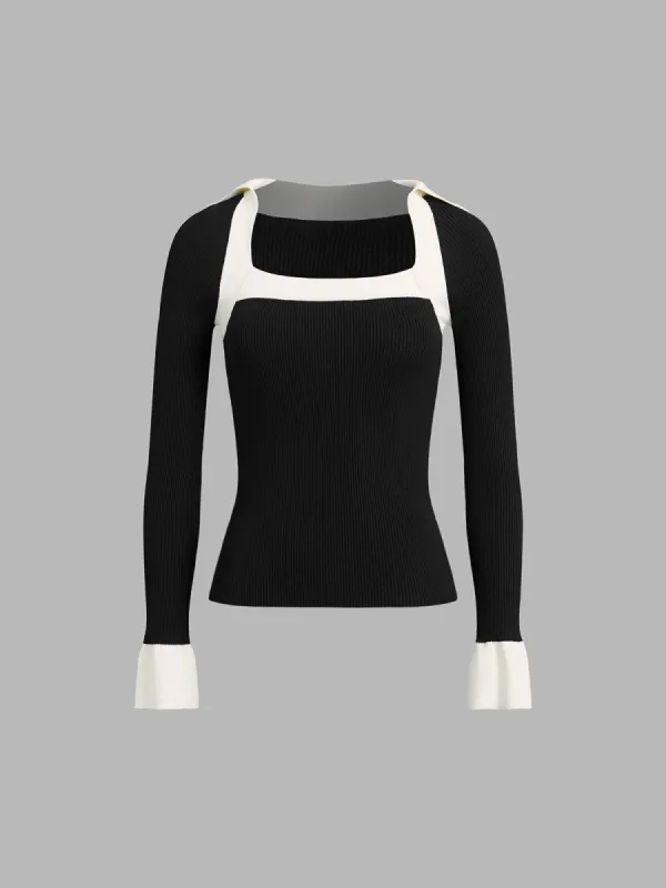 Two Tone Square Neck Knit Top sold by COMMENSE