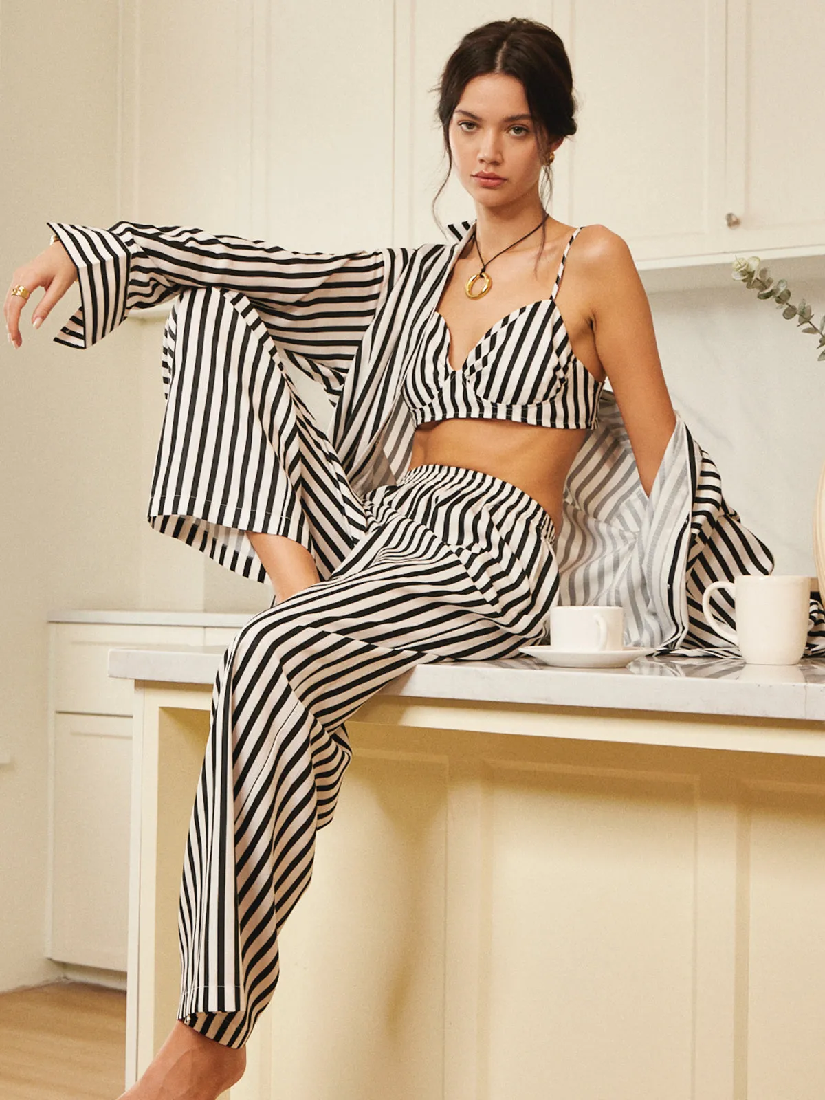 Pinstripe Pocket Three Piece Pants Set sold by COMMENSE