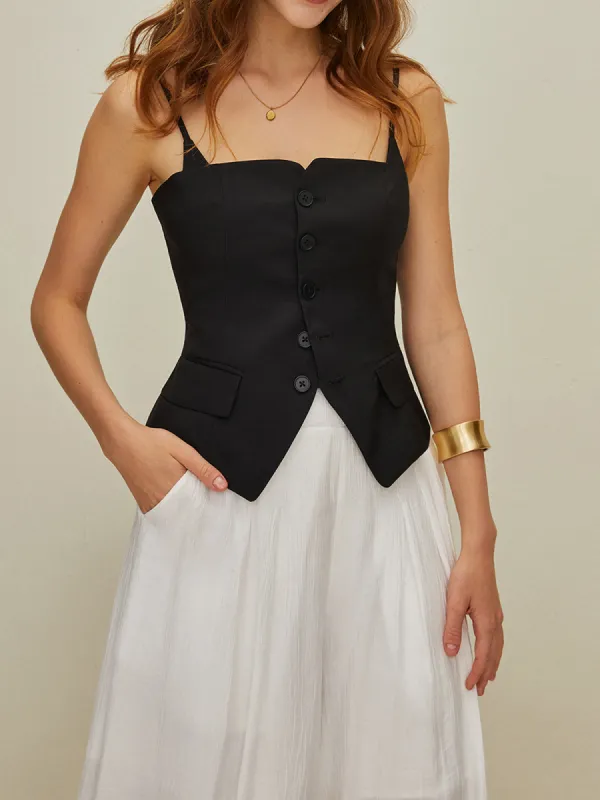 Fake Two Piece Button Tank Top sold by COMMENSE