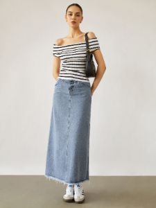 Denim Raw Hem Maxi Skirt sold by COMMENSE