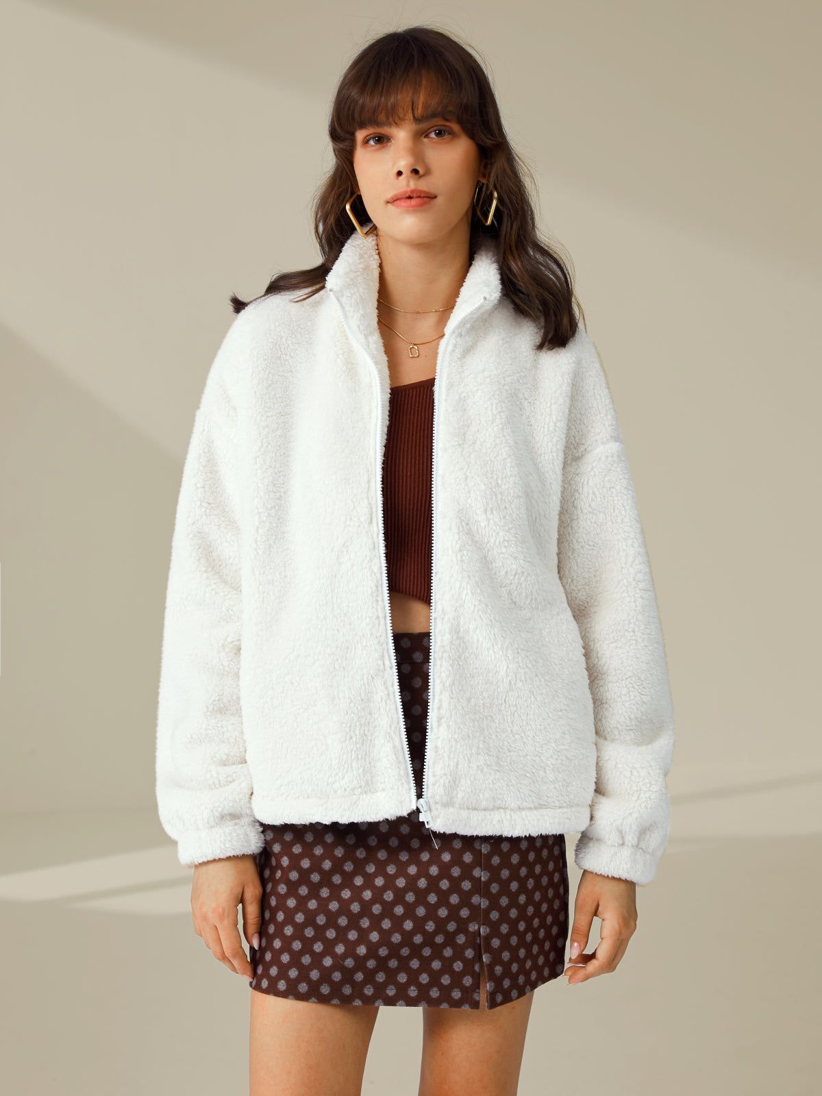 Cozy Drop Shoulder Sherpa Zip Up Funnel Neck Jacket sold by COMMENSE product image thumbnail 2