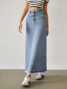 Denim Raw Hem Maxi Skirt sold by COMMENSE