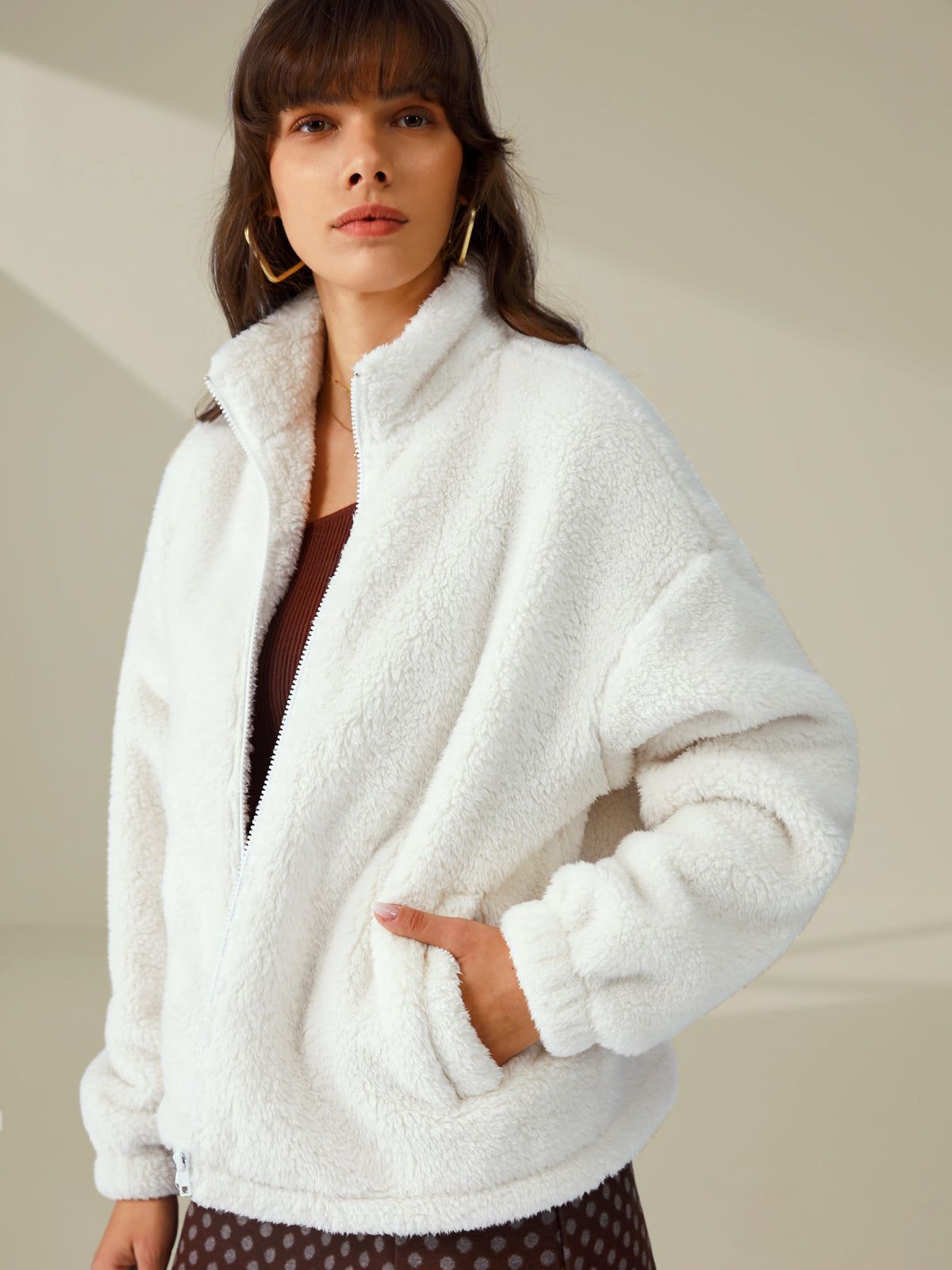 Cozy Drop Shoulder Sherpa Zip Up Funnel Neck Jacket sold by COMMENSE product image thumbnail 3