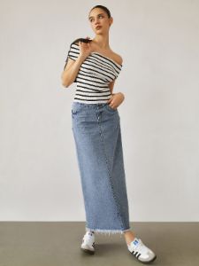 Denim Raw Hem Maxi Skirt sold by COMMENSE