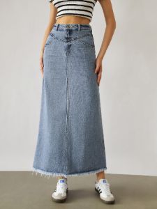 Denim Raw Hem Maxi Skirt sold by COMMENSE