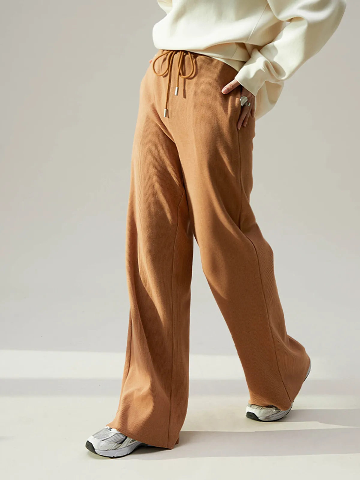 Camel Drawstring Ribbed Wide Leg Pants sold by COMMENSE product image thumbnail 5