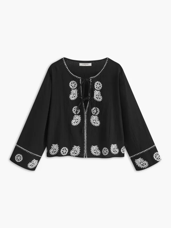 Pure Cotton Embroidery Tie Front Shirt sold by COMMENSE